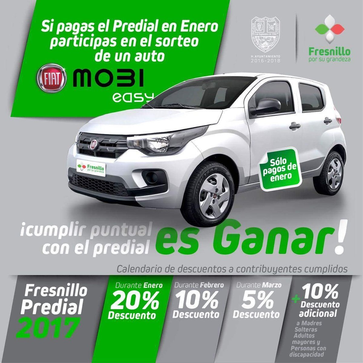 FresnilloMun's tweet photo. Paga tu predial en enero y obtén un 20% de descuento, además de participar en la rifa de un auto. 
#Fresnillo #PorSuGrandeza https://t.co/pJHv1BKcfS