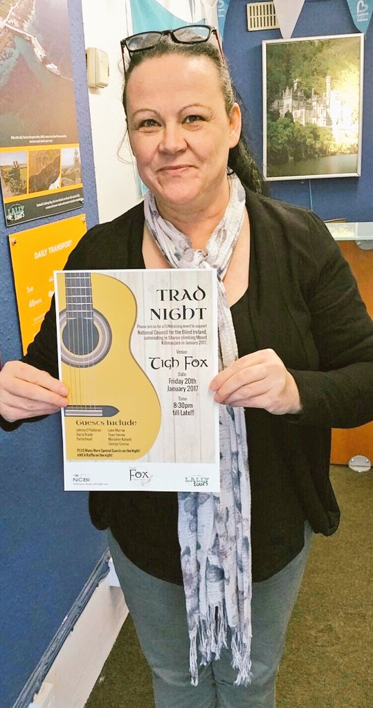 ParaicCollins's tweet photo. Charity fundraiser at Tigh Fox, Friday Jan 20th. Sharon Moran to climb Kilimanjaro in aide of National Council for Blind PlsRT #TradSession https://t.co/H91j8QBnVZ