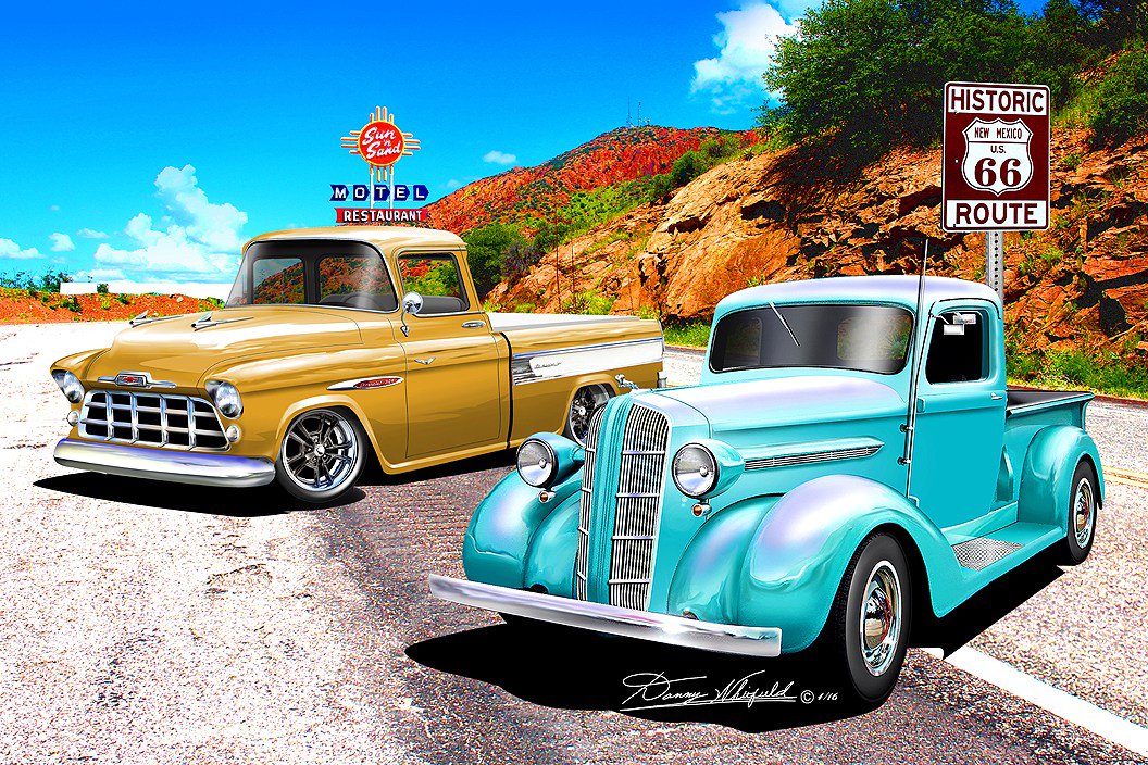 Surfettes's tweet photo. 'Chevrolet Truck Classics on Route 66' #Art by Danny Whitfield https://t.co/nSZ7SCT1jv