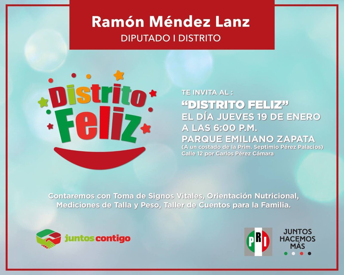RamonMendezLanz's tweet photo. Los espero en la actividad "Distrito Feliz" que se realizará de manera alterna en dos puntos dentro de nuestro distrito a partir de las 6 pm https://t.co/bbj0tY4ewI