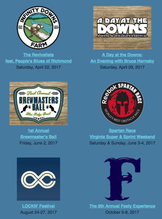 TheFesty's tweet photo. Awesomeness happening @infinitydownsVA in 2017! #Festy8 @locknfestival @therevivalists @brucehornsby #beerfest &amp;more https://t.co/fO0OOv2hbv https://t.co/gcgPTyLZkw