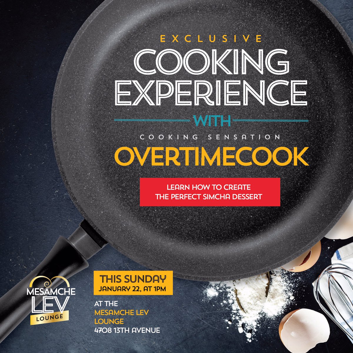 Mesamche_Lev's tweet photo. Brooklyn people! Join us this Sunday, January 22 at 1PM at the Lev Lounge for an exclusive cooking event with @OvertimeCook! https://t.co/mKGkbinLe2