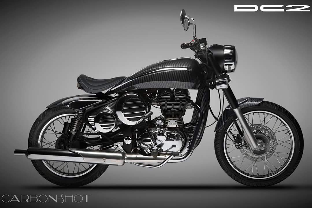 Mr__Eccentric's tweet photo. CARBON SHOT is what @DCDesignIndia  named it. Tempting isn't it? 
#royalenfield #dcdesigns #Bullet #cafbonshot https://t.co/jz1EaX7T4h