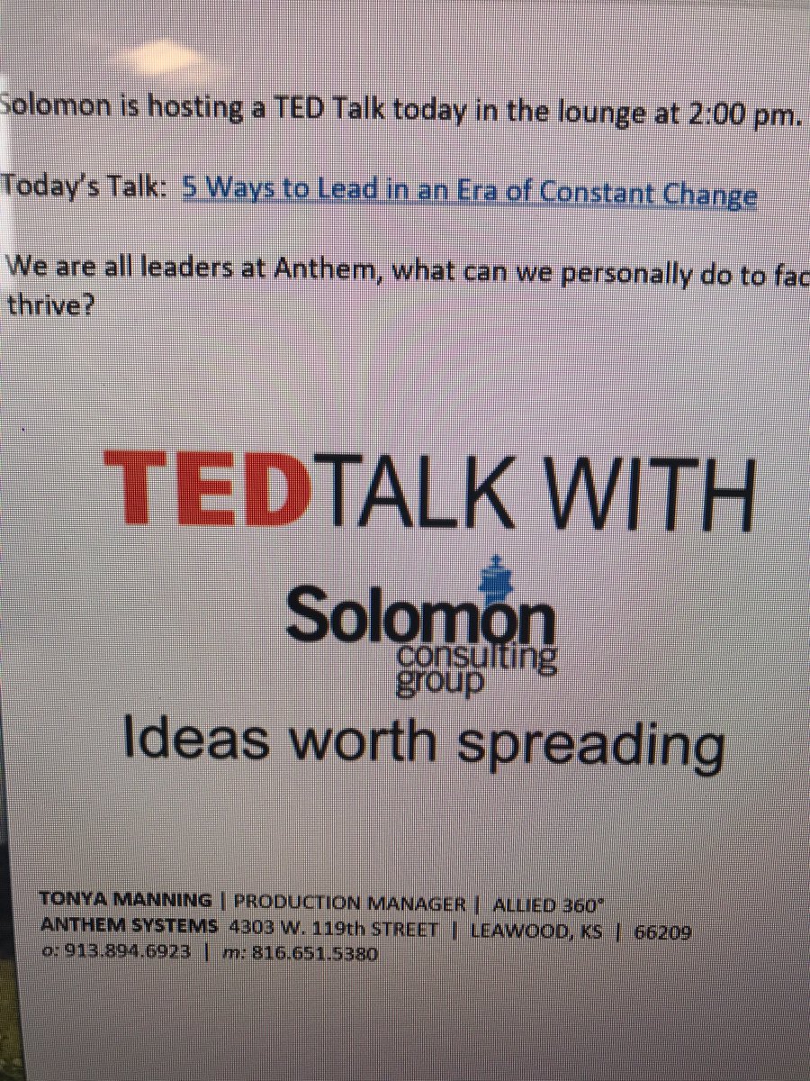 GrantAGordon's tweet photo. #TED and #TEDtalks a part of our culture at @SolomonCareers and @anthemsystems - #kc #growth https://t.co/hEgCc5uGs8