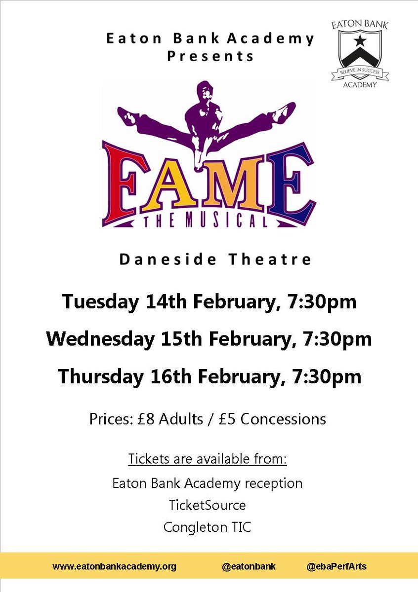 EatonBank SixthForm (@ebasixthform) on Twitter photo Tickets on sale NOW for <a href="/EBAPerfArts/">EBA PerfArts</a> production of 'Fame' at Daneside Theatre. Tickets from <a href="/EatonBank/">Eaton Bank Academy</a> or Congleton Tourist Information Tickets on sale NOW for <a href="/EBAPerfArts/">EBA PerfArts</a> production of 'Fame' at Daneside Theatre. Tickets from <a href="/EatonBank/">Eaton Bank Academy</a> or Congleton Tourist Information