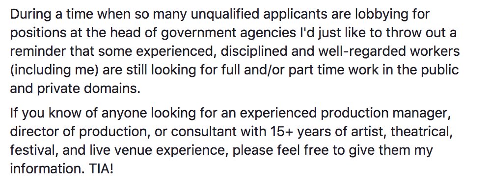 Just a reminder, I'm available for full and part time positions in live event, theatrical and festival production management!