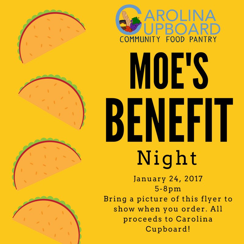 Moe's Benefit night! January 24, 2017 5-8 pm! See you there! 🌮🥙🌯🍲