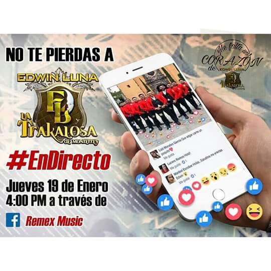 ValroRodriguez's tweet photo. ;Hoy, 19 de Enero, a las 4:00PM @edwintrakalosa y @bandatrakalosa  #EnDirecto desde el Facebook de @Remex_Music !!
#TeamMeFaltaUn❤ . https://t.co/vbgVHODGSO