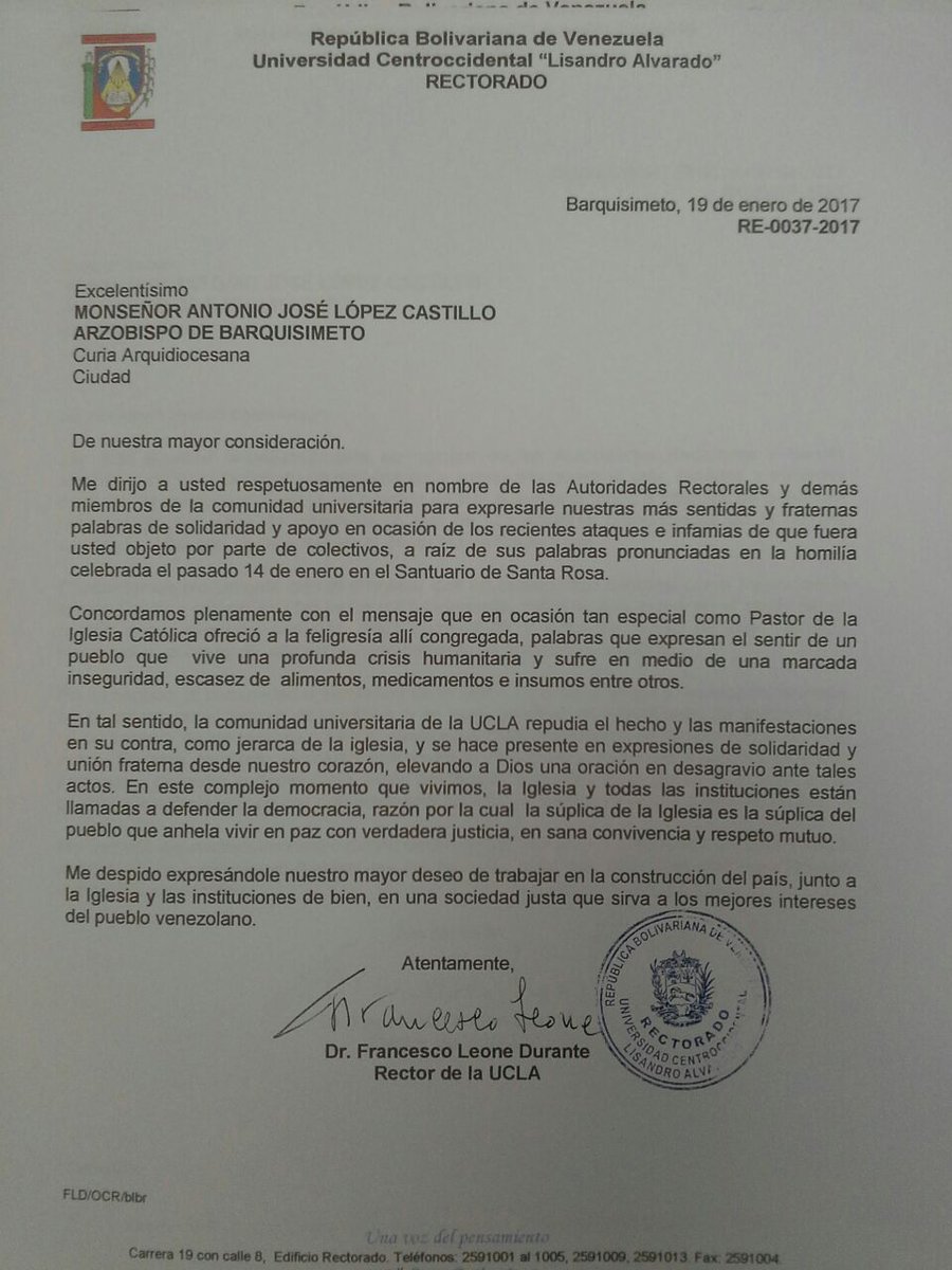fleoned's tweet photo. Carta de solidaridad a nuestro Monseñor Antonio José López Castillo por ataques de colectivos. El pueblo larense anhela vivir en paz https://t.co/PPZAjqQegj