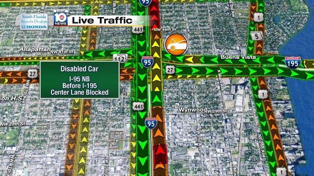 Disabled Car: I-95 NB before your approach to I-195. A center lane is blocked. #TRAFFIC #MIAMI https://t.co/53BoyrTIfo