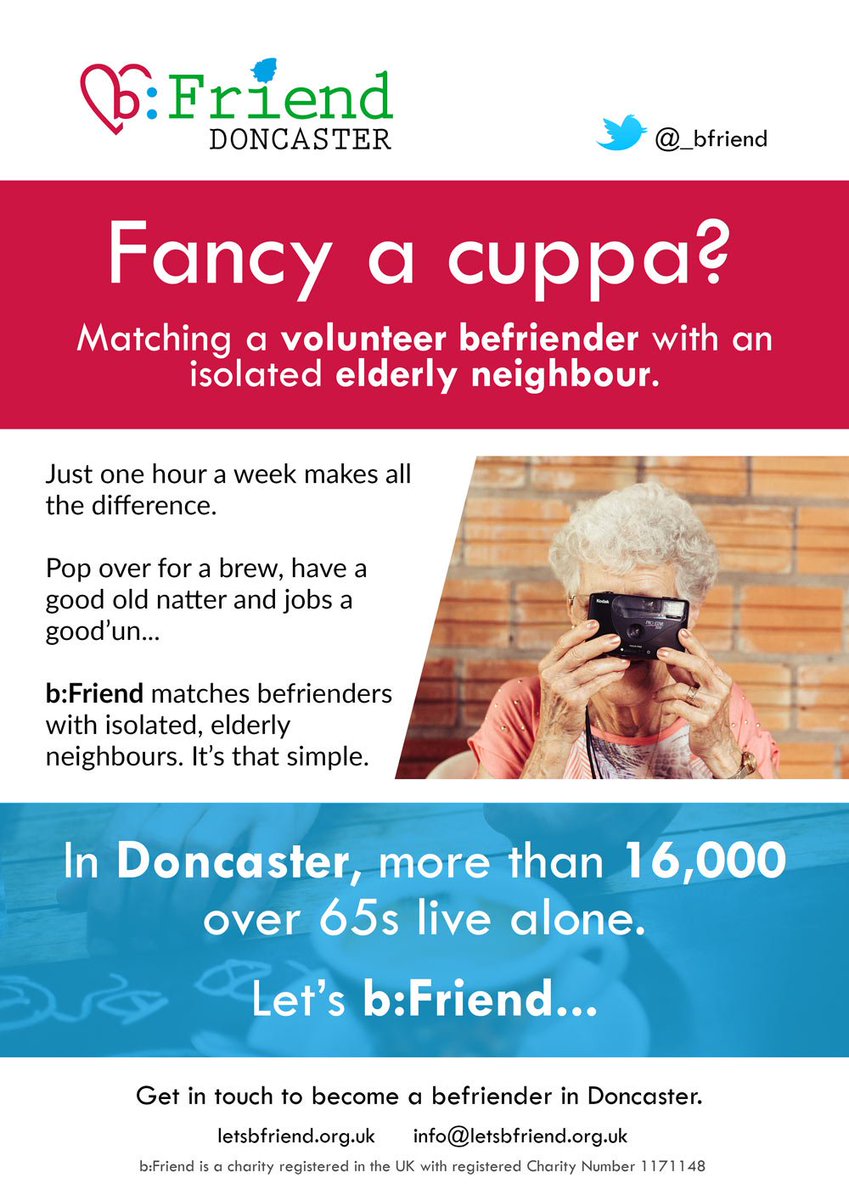 Become a befriender in #Doncaster. Reducing loneliness by matching volunteer befrienders with isolated elderly neighbours. Let's b:Friend!