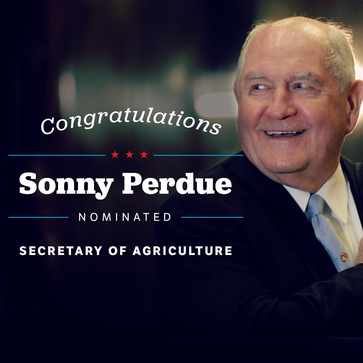 GOP's tweet image. President-elect @realDonaldTrump nominates former governor Sonny Perdue as Secretary of @USDA.