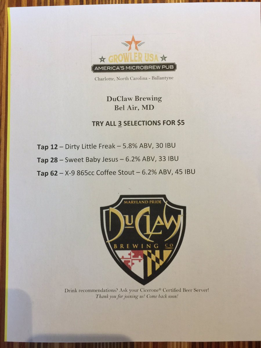 #Charlotte #NorthCarolina #ballantyne @DuClawNews #growler  #USA #CraftBeer #duclaw #beer #havingfun #good #beer #come #out #and #enjoy