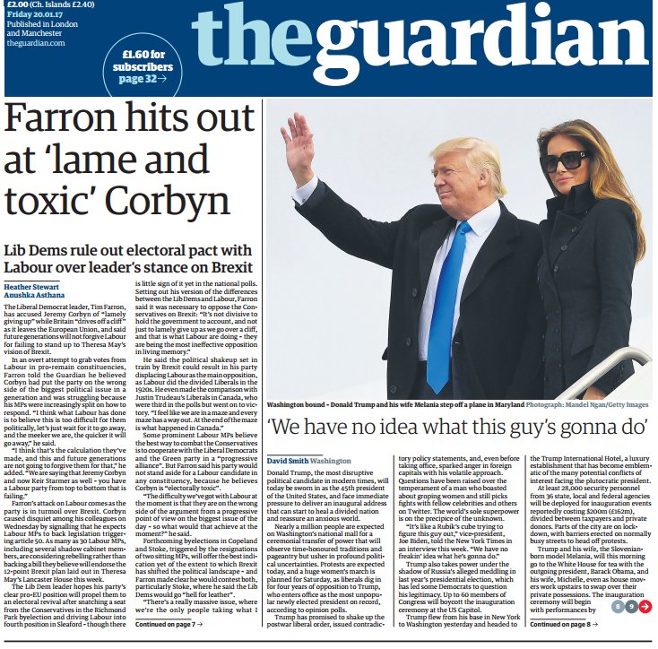 SkyNews's tweet photo. THE GUARDIAN FRONT PAGE: "Farron Hits Out at Lame and Toxic Corbyn" #skypapers https://t.co/YD9JF6RgMz