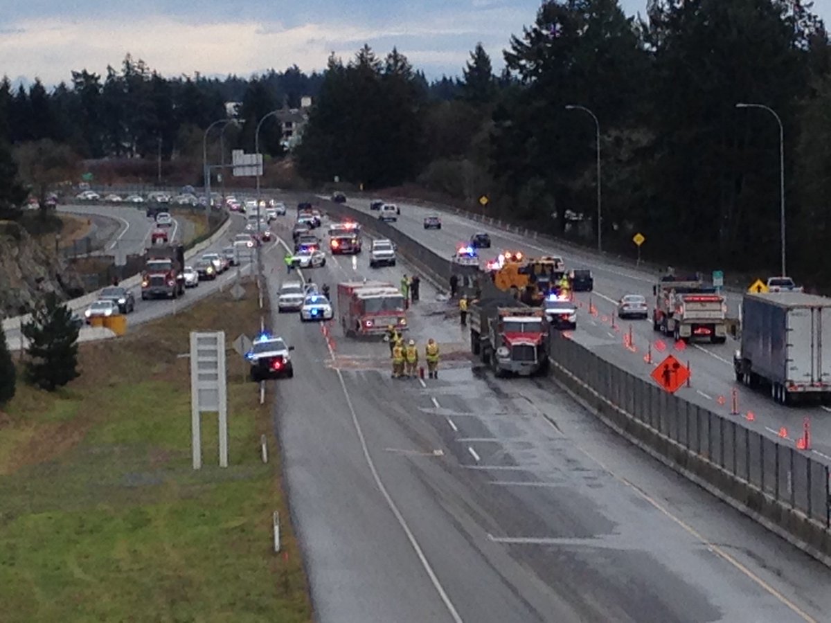 Semi-truck has crashed into median on TCH near Leigh Road. Traffic down to one lane NB and one lane SB. #yyjtraffic