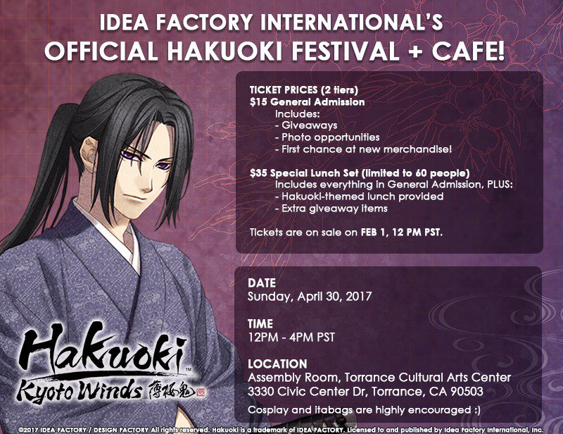 IdeaFactoryIntl's tweet photo. You're invited to Idea Factory Intl's Official Hakuoki Festival + Cafe! Join us to celebrate Hakuoki's launch! RSVP: https://t.co/gg9eB9QV73 https://t.co/XqGiFQM1qk