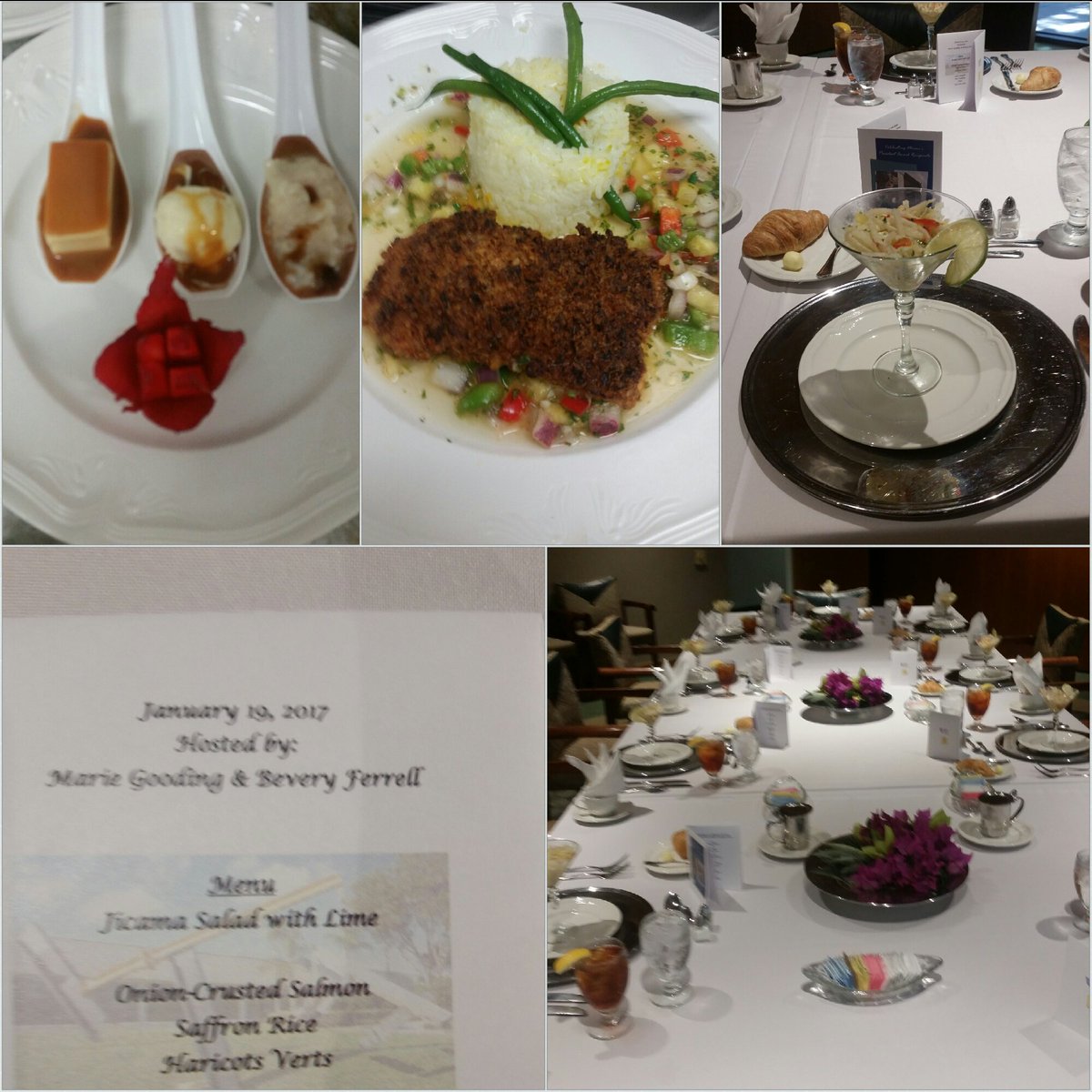 MichelleStraka5's tweet photo. What a day!  Latin Fusion, Jicama Salad, Onion Crusted Salmon, Saffron Rice, Haricot Vertes, Latin Sampler. https://t.co/IIfjrADDn2