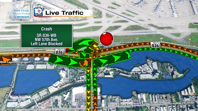 CRASH: SR-836 WB & NW 57th Ave. Left lane blocked. #TRAFFIC #MIAMI https://t.co/ULrx8nZIEk