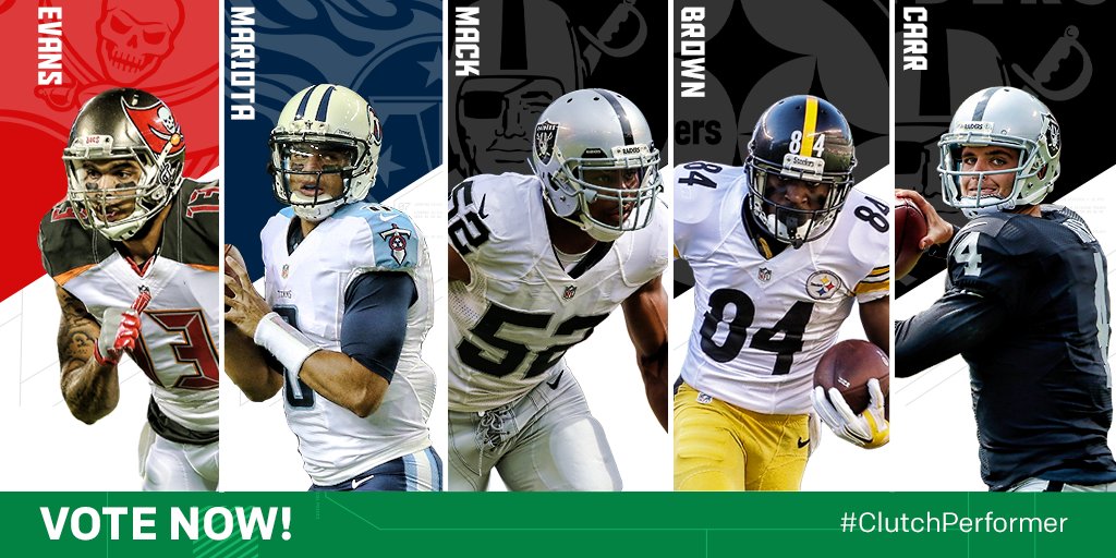 NFL's tweet image. VOTE for the @CastrolUSA Clutch Performer of the Year!

Tweet player's name + #ClutchPerformer:
Evans. Mariota. Mack. Brown. or Carr?