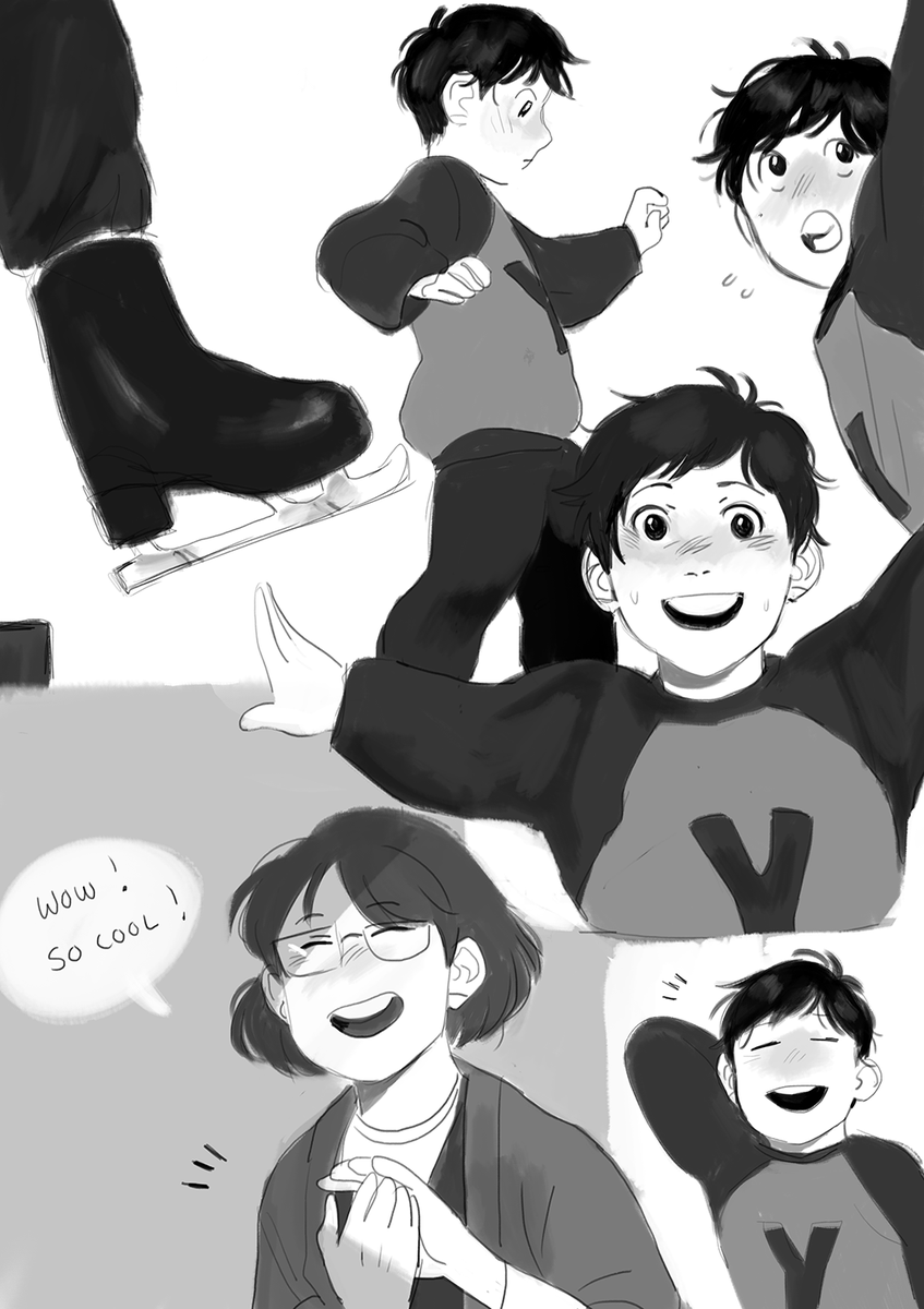 yuuri being nervous when he first starts skating, but soon after wants to show off his new skills 