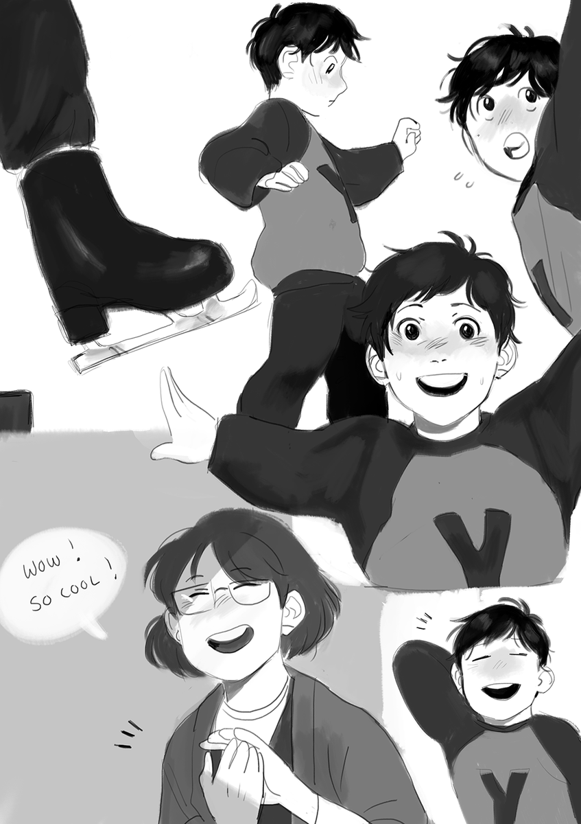 yuuri being nervous when he first starts skating, but soon after wants to show off his new skills