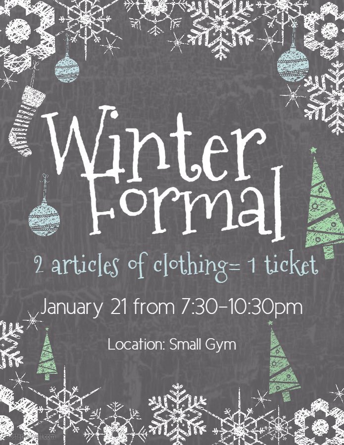 epadillachicas's tweet photo. ‼️TOMORROW IS THE LAST DAY TO GET WINTER FORMAL TICKETS!! 2️⃣ pieces of clothing for MHS Students &amp; 3️⃣ for NON-MHS. ‼️🗣👖👕👚👗❄️☃️🎉 https://t.co/7zHDqalwtc