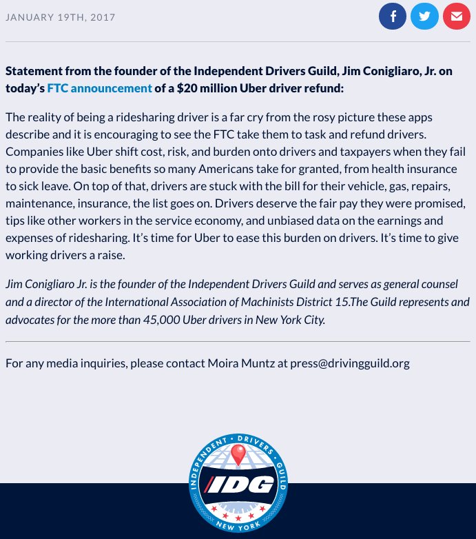 DrivingGuild's tweet photo. Statement from the founder of the Independent Drivers Guild, Jim Conigliaro, Jr. on today’s #UberFTC announcement: https://t.co/5wQ7egQSdL https://t.co/7rpJBatGmK