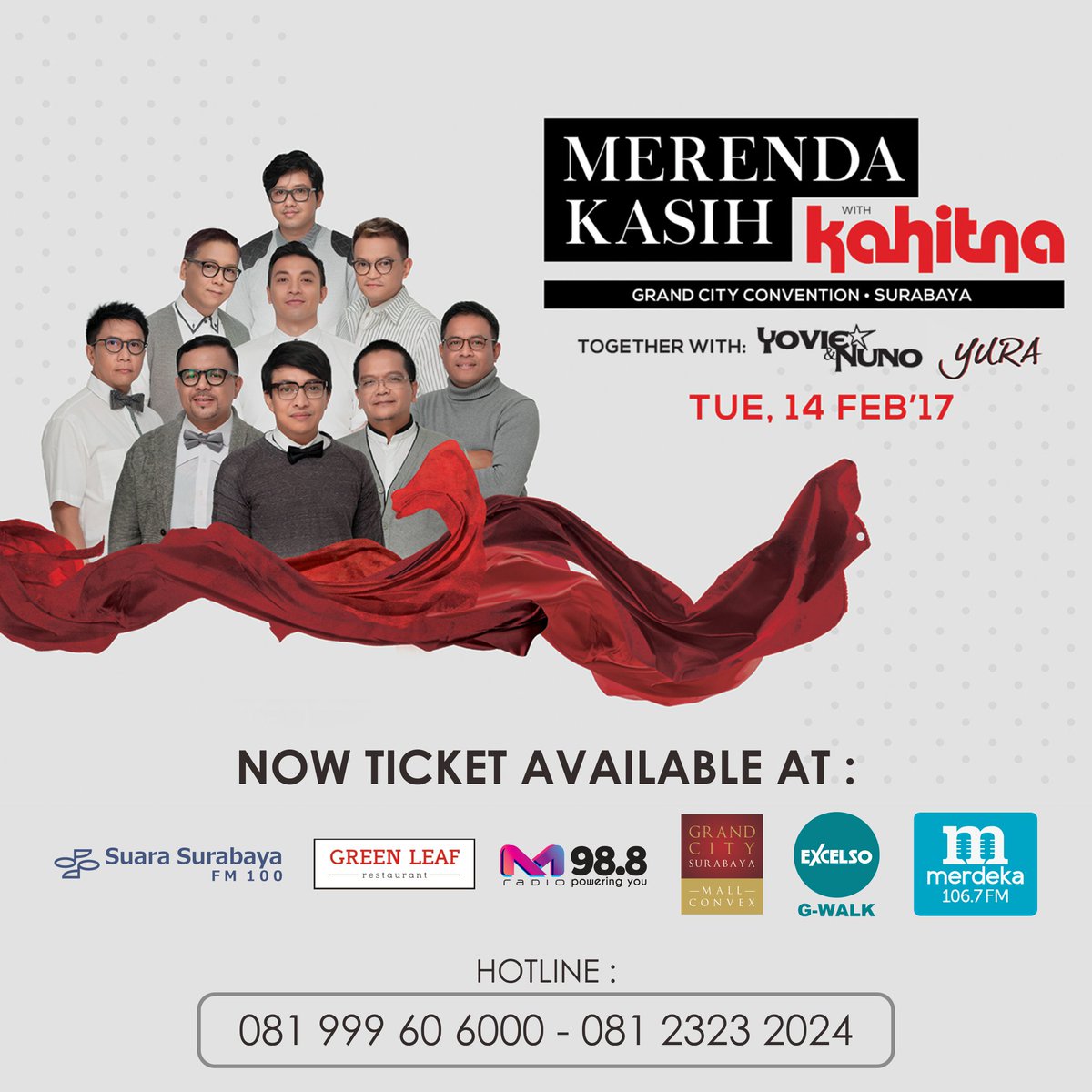 Ticket Konser Merenda Kasih @KahitnaFull bisa didapatkan di <a href="/e100ss/">Radio Suara Surabaya</a> <a href="/Mradiosby/">M Radio Powering You</a> <a href="/GrandCitySBY/">Grand City Surabaya</a> <a href="/merdekafm/">Merdeka FM Surabaya</a> <a href="/ExcelsoCoffee/">Excelso Coffee</a> gwalk