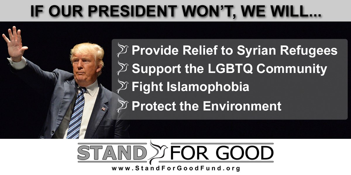 StandForGoodOrg's tweet image. We support causes that TRUMP WILL NOT! See StandForGood.org for info on a 100% donation match! #TrumpInauguration #WeStandUnited