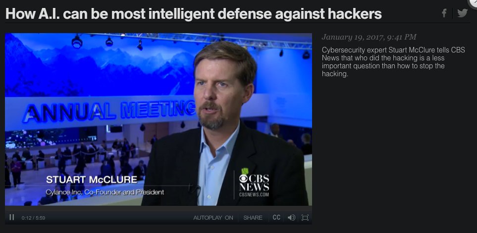 "Cylance deploys 'smart' algorithms that analyze past attacks to prevent future ones.  cbsnews.com/news/how-a-i-c… #infosec #security #wef17