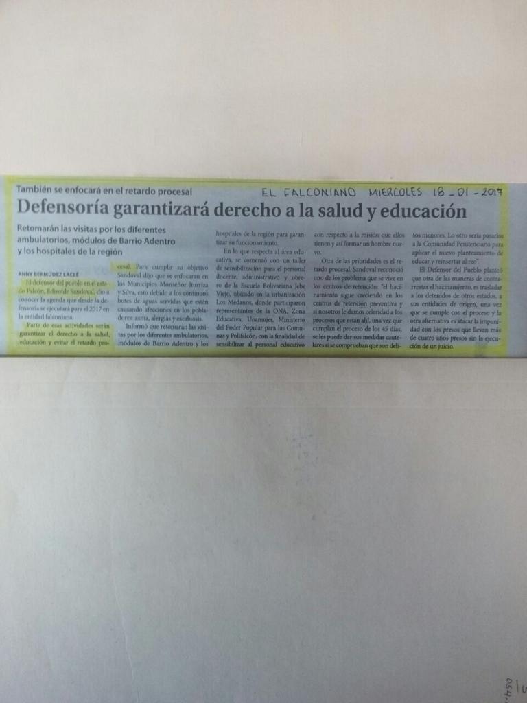defensoria_Fal's tweet photo. Reseñas periodísticas de las diversas actividades de la DdP en pro de la ciudadanía falconiana en materia de DDHH https://t.co/KrzhqkLGb2