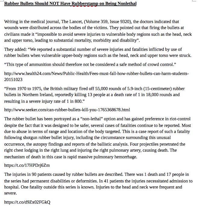 VigilanteJrnlst's tweet photo. Why #RubberBullets should NOT have Rubberstamp on being #Nonlethal 
#Research as I wrote up my article! #Educateyourbrain #NoDAPL https://t.co/vlB3m5LPHP