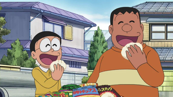 今夜７時は『ドラえもん』！  『兄弟シール』でジャイアンとのび太が兄弟になった！「オレの弟だ」と紹介して回るジャイアン。みんなから取り上げたマンガやお菓子などをわけてもらい、楽しい時間… 