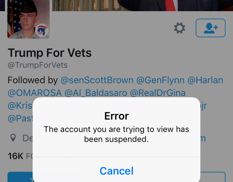 almostjingo's tweet photo. 😡💩NEW LOW @jack suspending #TrumpForVets could your hatred for conservatives be more obvious? @Twitter @Support @DeptVetAffairs #veterans https://t.co/5ScUcDnzgy