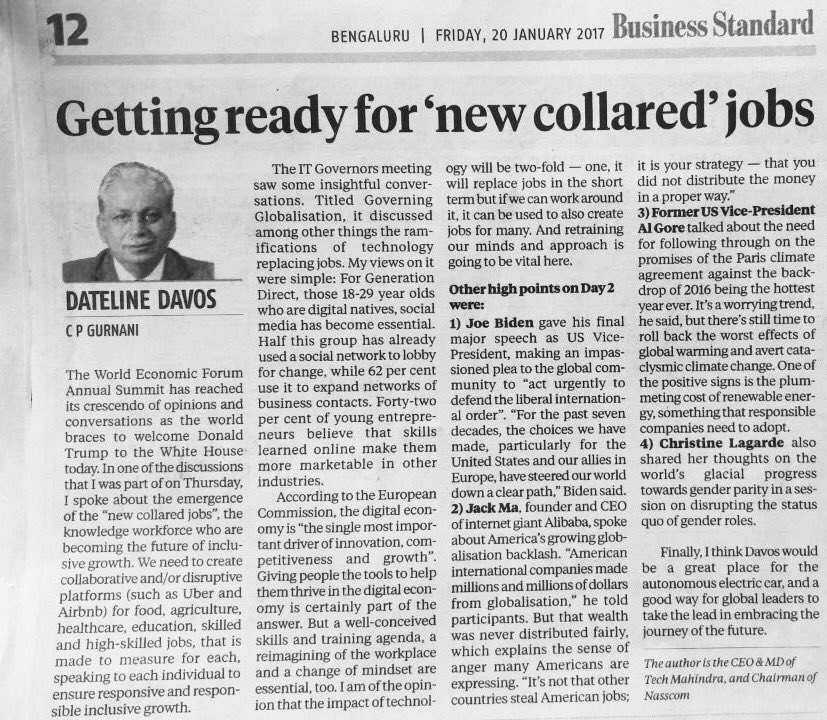 C_P_Gurnani's tweet photo. #datelinedavos @bsindia @wef shared my thoughts on emergence of "new collared jobs" #unlockexperiences from #WEF2017 https://t.co/JNzAWFf7Oj https://t.co/E9njfSgNcJ