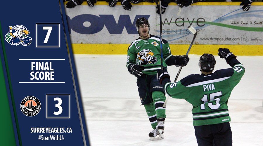 SurreyEagles's tweet photo. FINAL: The Eagles rebound in a BIG way at South Surrey Arena against the Smoke Eaters, propelled by a Desi Burgart hat trick. https://t.co/TkxlstzyHu