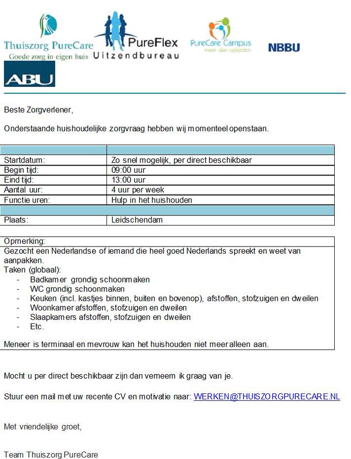Per direct gezocht:
HUISHOUDELIJKE HULP LEIDSCHENDAM