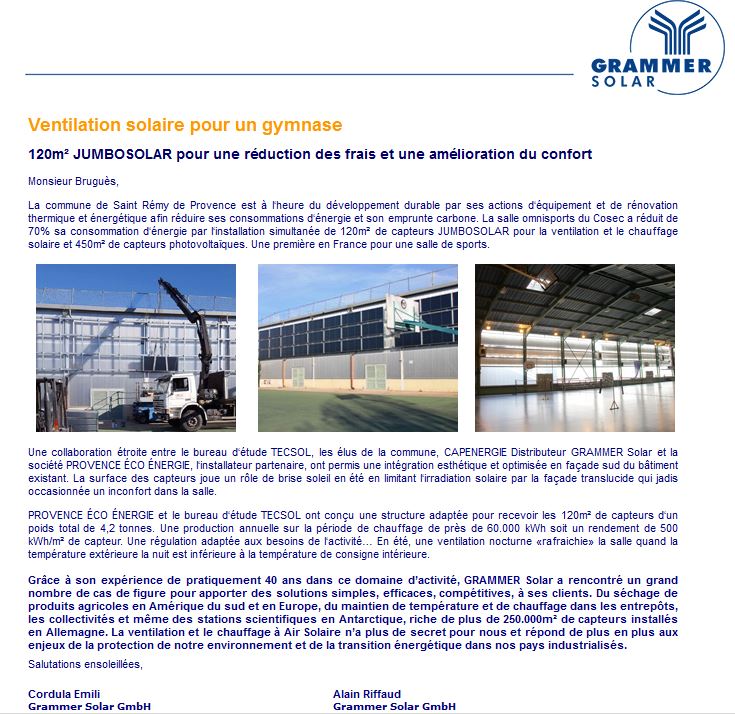Cap_Energie's tweet photo. 120m² #Jumbosolar #GrammerSolar réduction de frais #chauffage gymnase #Saintrémydeprovence. Collab: @Cap_Energie #tecsol ProvenceÉcoÉnergie https://t.co/O9cFAsT8FX