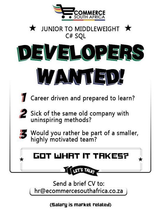 sa_ecommerce's tweet photo. We are on the lookout for the best Junior to Middleweight Developers (C#/SQL) for our Johannesburg offices.
Share f… https://t.co/xmYKrLWzLA