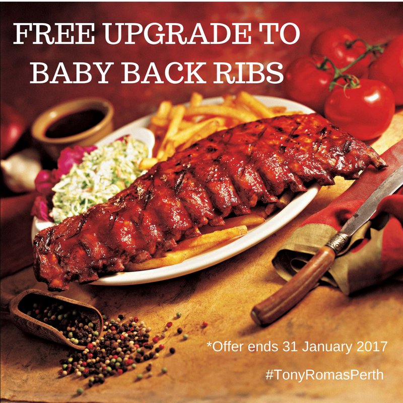 PerthRomas's tweet photo. SPECIAL 45th Anniversary FREE upgrade!  With any Ribs order you can choose to upgrade to BABY BACK RIBS until the end of January. #perthribs https://t.co/XnK2yx6NGG