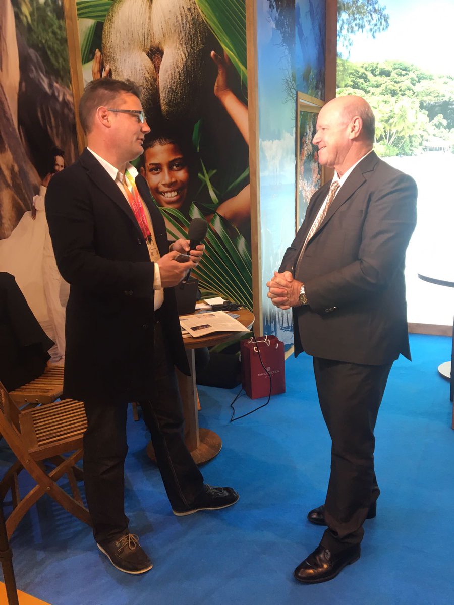 PRM_Global's tweet photo. Live at @fitur_madrid: Alain St.Ange is interviewed by @CGTNOfficial  and @EFEnoticias. https://t.co/v0JUZCzd1Q