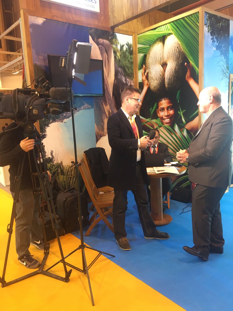 PRM_Global's tweet photo. Live at @fitur_madrid: Alain St.Ange is interviewed by @CGTNOfficial  and @EFEnoticias. https://t.co/v0JUZCzd1Q