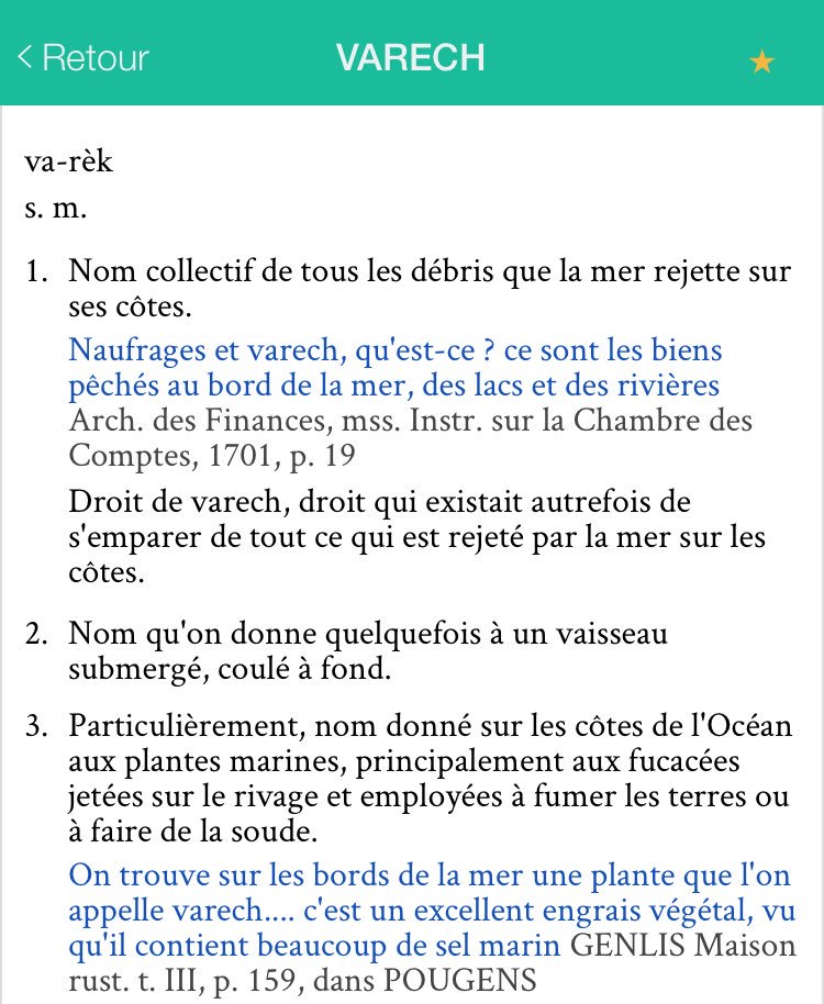 Varech (en anglais, wreck): tous débris que la mer rejette sur ses côtes. Varech peut désigner une épave aussi bien qu'une algue.