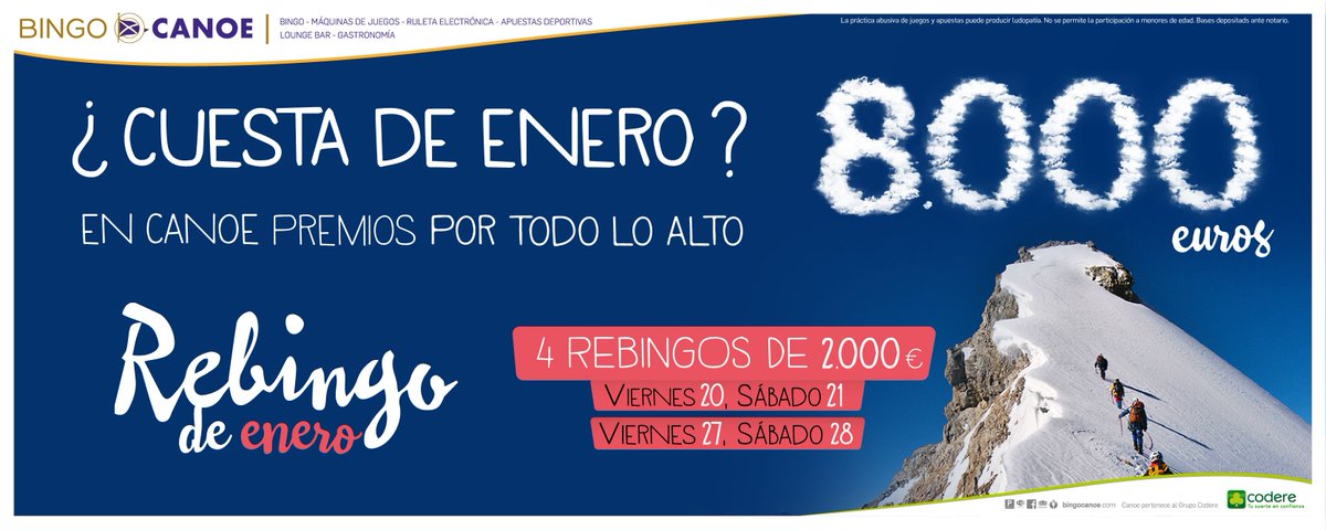 Bingo_Canoe's tweet photo. ¿Cuesta de Enero? ¡En CANOE premios por todo lo alto!
4 Rebingos de 2.000€ los días: viernes 20, sábado 21, viernes 27 y sábado 28 de enero. https://t.co/Dpxwo94ueu