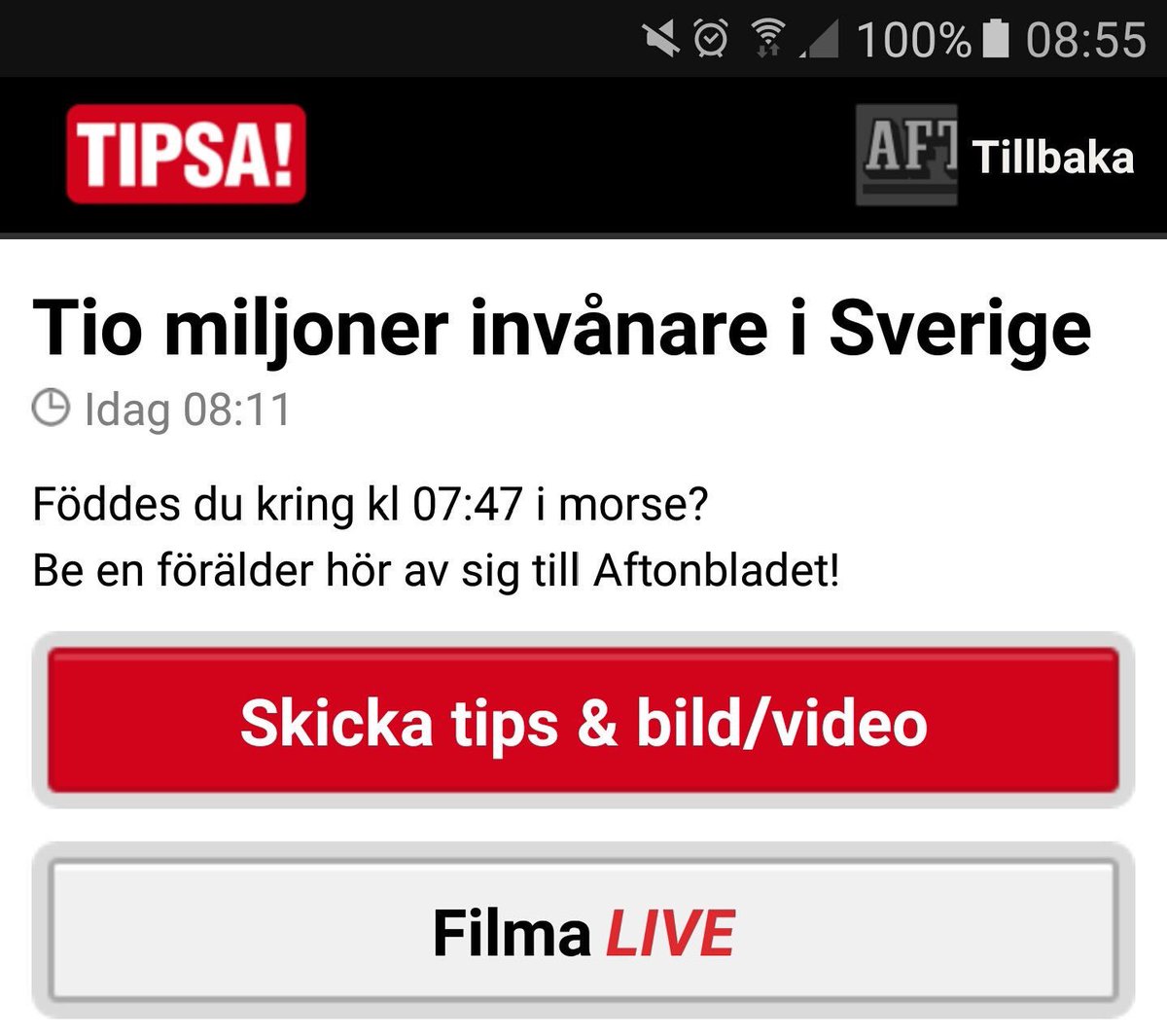 FilipFryken's tweet photo. Rimligt ändå. 08.11 publicerar dom och kräver att en 24 minuter gammal unge ska be morsan höra av sig till Aftonbladet. https://t.co/whGapW4Kmw