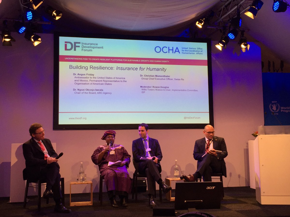 Insurance for Humanity panel: Rowan Douglas, Dr. Ngozi Okonjo-Iweala, Dr. Christian Mumenthaler, Dr. Angus Friday. #wef17 #WTWwef