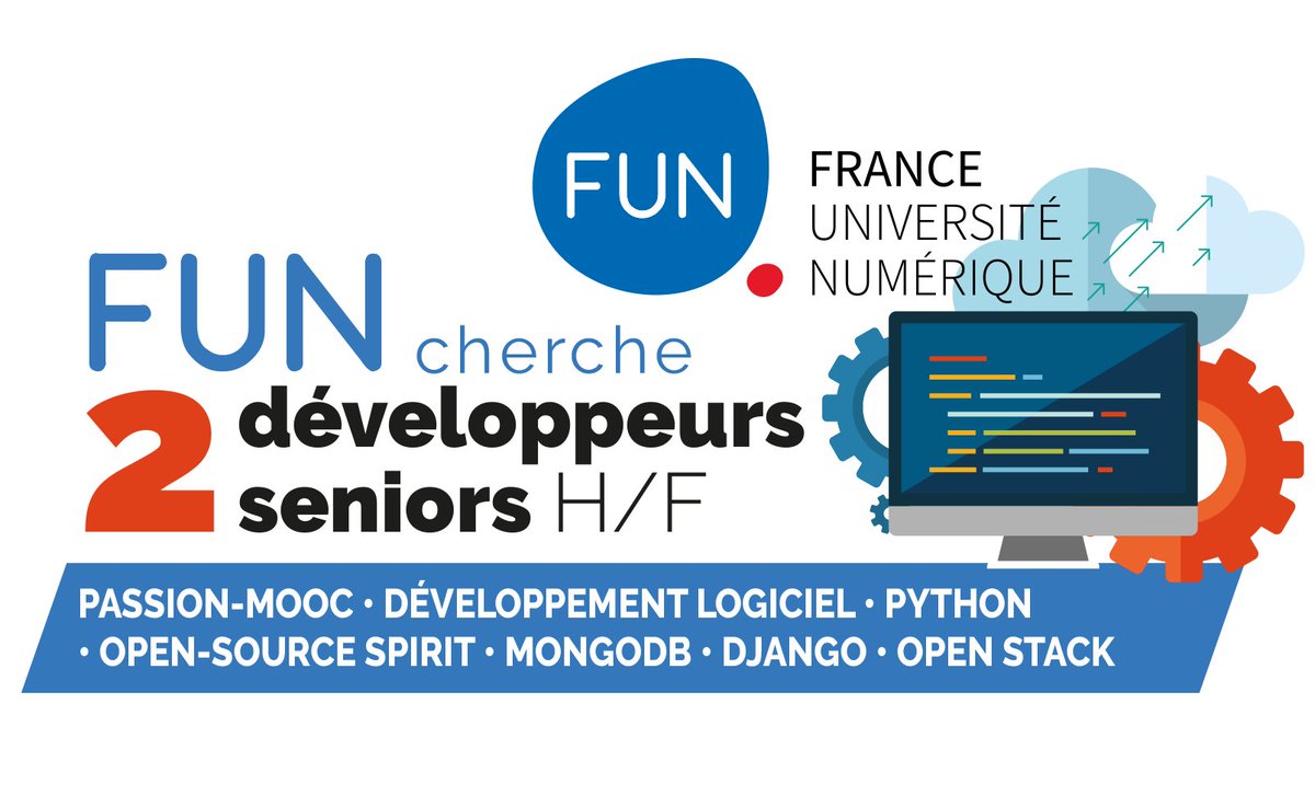 FunMooc's tweet photo. @FunMooc recrute 2 #développeurs seniors https://t.co/E3OKX9K7Kk … #Emploi #Job #OpenSourceSpirit #Django #Python #OpenStack https://t.co/be3pTGhQ4T