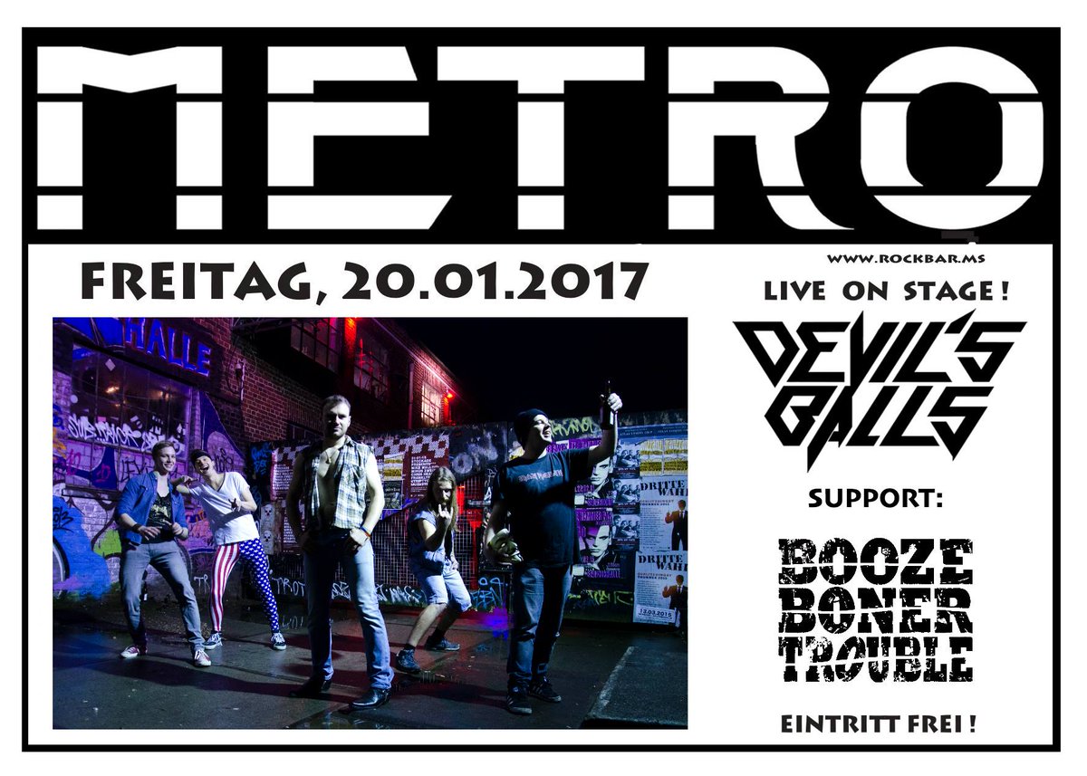 DevilsBallsMS's tweet photo. Hey Guys,
 
  20.01 - Devil's Balls live @ Metro Rock Bar in Münster
 Take your friends, grab some booze and fuckin' ride the tiger! https://t.co/w35kwrlbPd