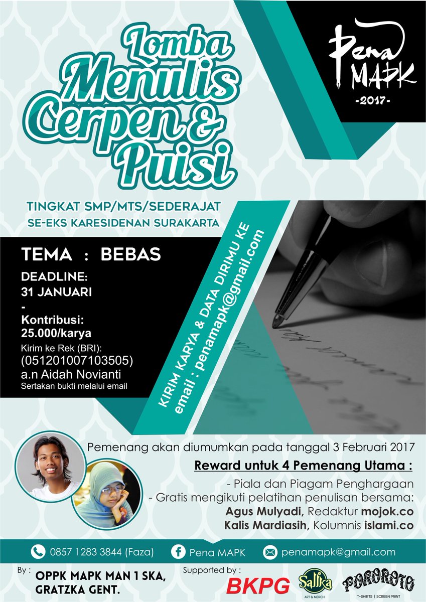 mapkfair17's tweet photo. @AlaSantri berdakwah dgn tulisan,ceritakan kisah indah di pesantrenmu dgn ikuti lomba cerpen dan puisi online.held by @man1_solo @oppk_mapk https://t.co/5N7rsLcGgN