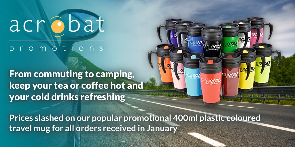 AcrobatPromo's tweet image. Prices slashed on our popular promotional 400ml plastic coloured #travelmug for all orders received in January ow.ly/5G8Y308bjcL